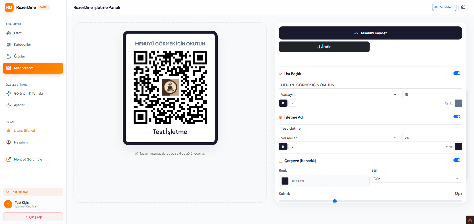 RezerDine QR Kod Yönetimi Panel Ekran Görüntüsü
